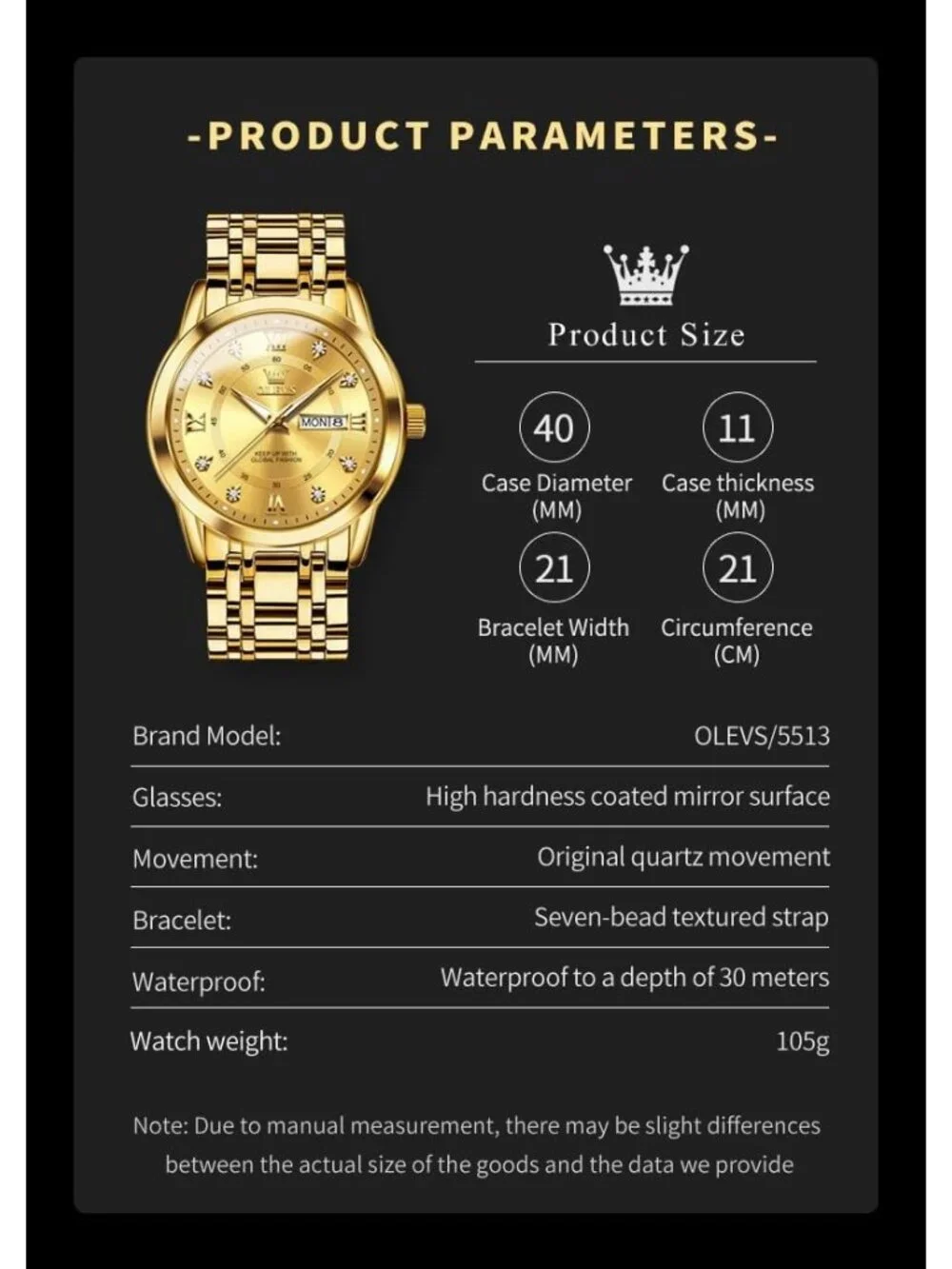 Olevs Men's Gold Diamond Wrist Quartz Stainless Steel Luminous Luxury Watch